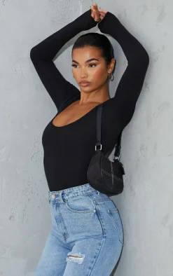 PrettyLittleThing Basic Tops*Basic Cotton Blend Scoop Neck Long Sleeve Bodysuit