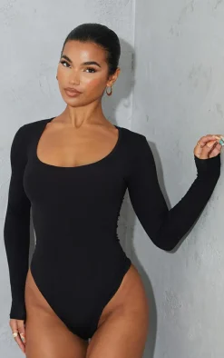 PrettyLittleThing Basic Tops*Basic Cotton Blend Scoop Neck Long Sleeve Bodysuit