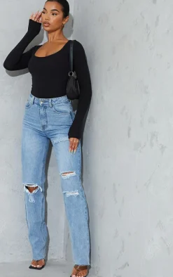 PrettyLittleThing Basic Tops*Basic Cotton Blend Scoop Neck Long Sleeve Bodysuit