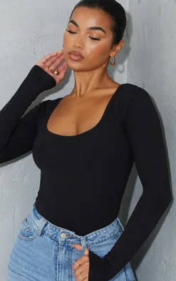 PrettyLittleThing Basic Tops*Basic Cotton Blend Scoop Neck Long Sleeve Bodysuit