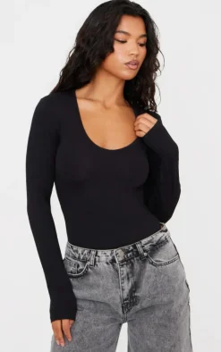 PrettyLittleThing Basic Tops*Basic Cotton Blend V Neck Long Sleeve Bodysuit