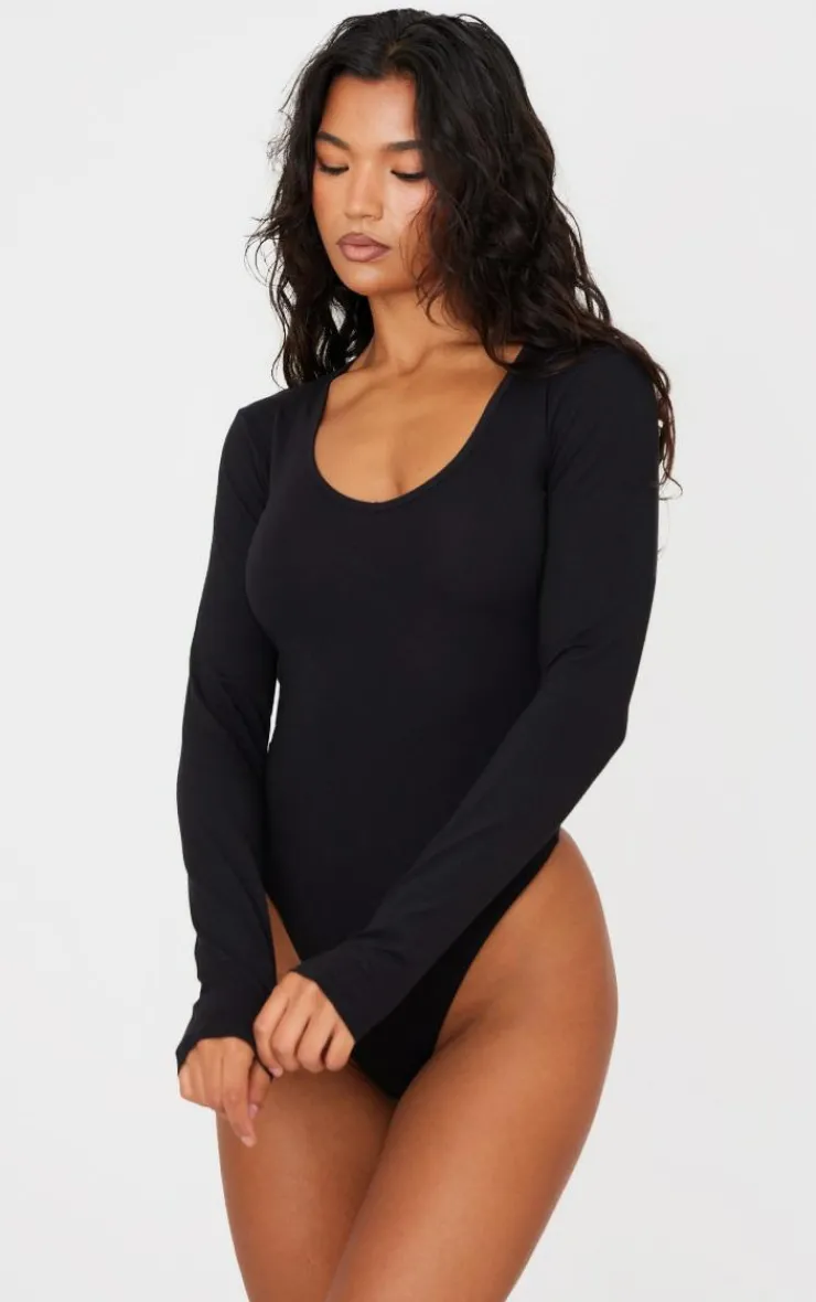 PrettyLittleThing Basic Tops*Basic Cotton Blend V Neck Long Sleeve Bodysuit