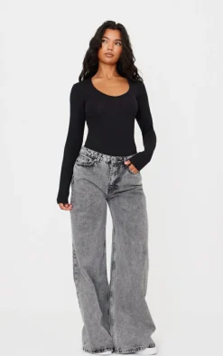 PrettyLittleThing Basic Tops*Basic Cotton Blend V Neck Long Sleeve Bodysuit
