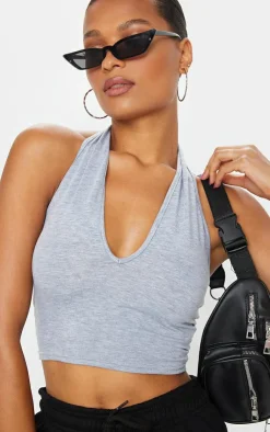 PrettyLittleThing Basic Tops*Basic Marl Cotton Blend Halterneck Crop Top