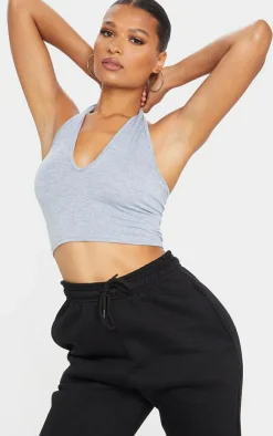 PrettyLittleThing Basic Tops*Basic Marl Cotton Blend Halterneck Crop Top