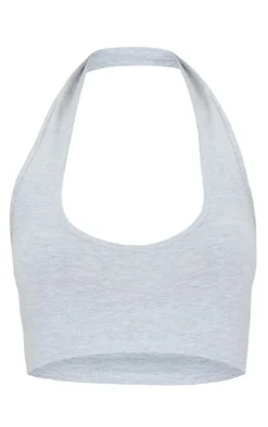 PrettyLittleThing Basic Tops*Basic Marl Cotton Blend Halterneck Crop Top