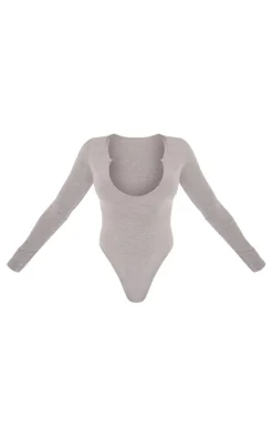 PrettyLittleThing Basic Tops*Basic Marl Cotton Blend Plunge Long Sleeve Bodysuit