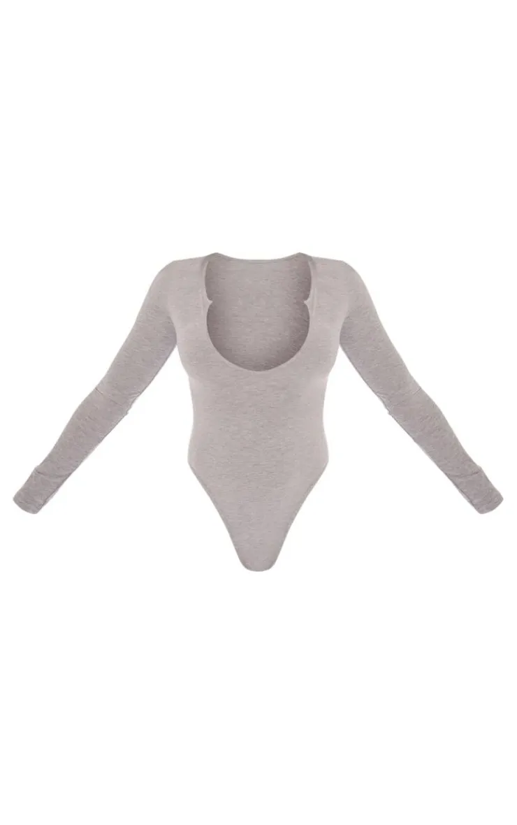PrettyLittleThing Basic Tops*Basic Marl Cotton Blend Plunge Long Sleeve Bodysuit