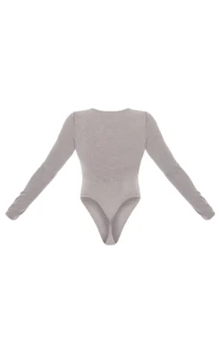 PrettyLittleThing Basic Tops*Basic Marl Cotton Blend Plunge Long Sleeve Bodysuit