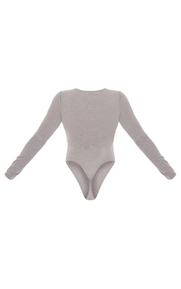 PrettyLittleThing Basic Tops*Basic Marl Cotton Blend Plunge Long Sleeve Bodysuit