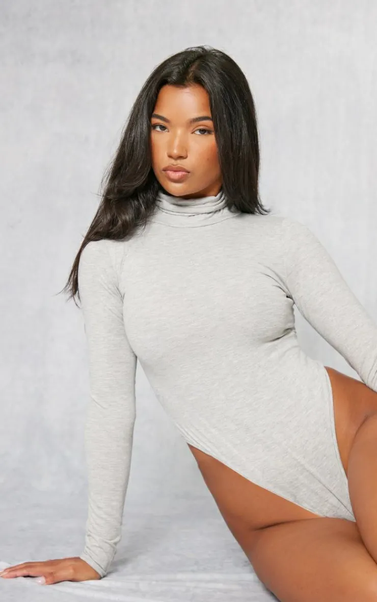 PrettyLittleThing Basic Tops*Basic Marl Cotton Blend Roll Neck Bodysuit