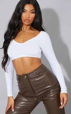 PrettyLittleThing Basic Tops*Basic Cotton Blend Long Sleeve Deep V Crop Top