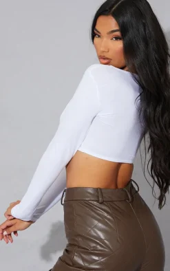 PrettyLittleThing Basic Tops*Basic Cotton Blend Long Sleeve Deep V Crop Top