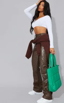 PrettyLittleThing Basic Tops*Basic Cotton Blend Long Sleeve Deep V Crop Top