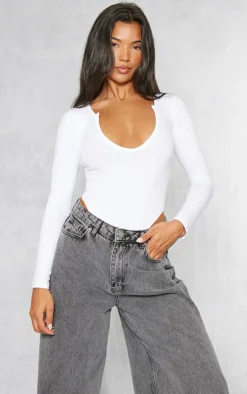 PrettyLittleThing Basic Tops*Basic Cotton Blend Plunge Long Sleeve Bodysuit
