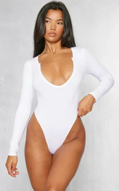 PrettyLittleThing Basic Tops*Basic Cotton Blend Plunge Long Sleeve Bodysuit