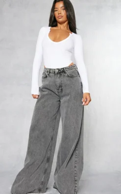 PrettyLittleThing Basic Tops*Basic Cotton Blend Plunge Long Sleeve Bodysuit