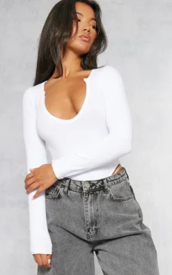 PrettyLittleThing Basic Tops*Basic Cotton Blend Plunge Long Sleeve Bodysuit