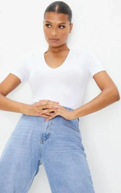 PrettyLittleThing Basic Tops*Basic Cotton Blend V Neck Short Sleeve Bodysuit