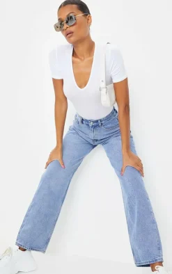 PrettyLittleThing Basic Tops*Basic Cotton Blend V Neck Short Sleeve Bodysuit