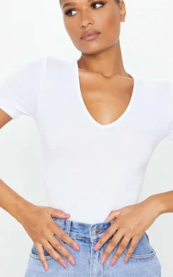 PrettyLittleThing Basic Tops*Basic Cotton Blend V Neck Short Sleeve Bodysuit
