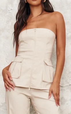 PrettyLittleThing Bengaline Zip Front Cargo Longline Bandeau Beige