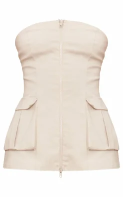 PrettyLittleThing Bengaline Zip Front Cargo Longline Bandeau Beige