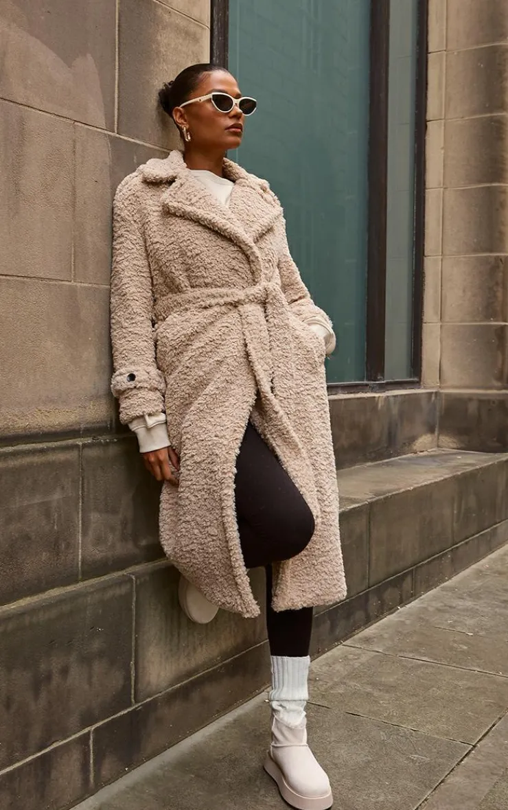 PrettyLittleThing Teddy Coats*Borg Belted Trench Coat