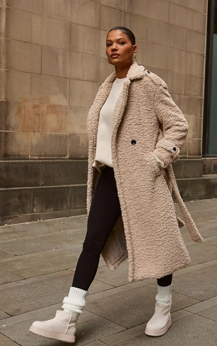 PrettyLittleThing Teddy Coats*Borg Belted Trench Coat