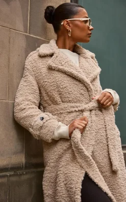 PrettyLittleThing Teddy Coats*Borg Belted Trench Coat