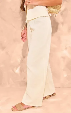 Hot PrettyLittleThing Cheesecloth Elastic Waist Wide Leg Pants Beige