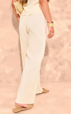 Hot PrettyLittleThing Cheesecloth Elastic Waist Wide Leg Pants Beige