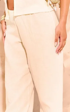 Hot PrettyLittleThing Cheesecloth Elastic Waist Wide Leg Pants Beige