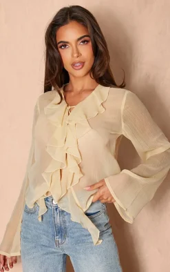 PrettyLittleThing Shirts*Chiffon Ruffle Lace Up Front Shirt