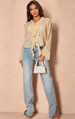 PrettyLittleThing Shirts*Chiffon Ruffle Lace Up Front Shirt
