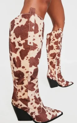 PrettyLittleThing Knee High Boots*Beige Contrast Cow Print Point Toe Heeled Westerns Knee Boots