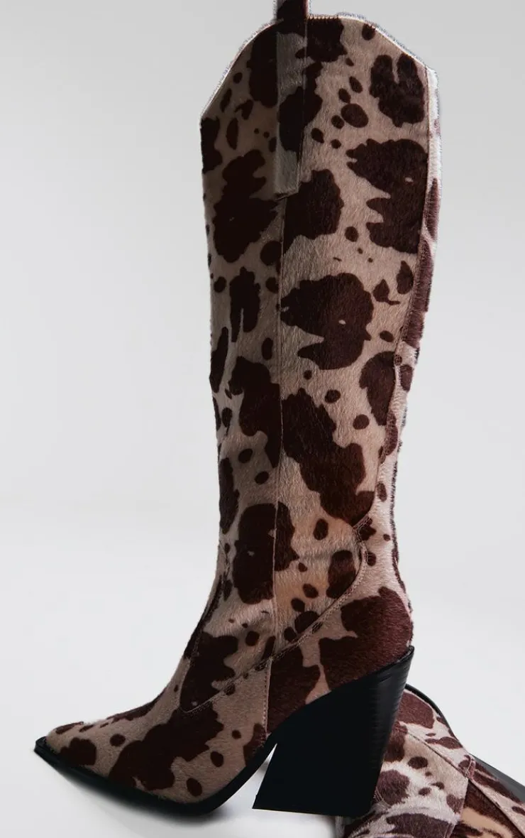 PrettyLittleThing Knee High Boots*Beige Contrast Cow Print Point Toe Heeled Westerns Knee Boots