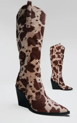 PrettyLittleThing Knee High Boots*Beige Contrast Cow Print Point Toe Heeled Westerns Knee Boots