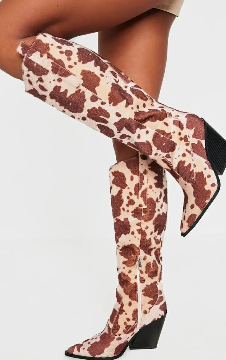 PrettyLittleThing Knee High Boots*Beige Contrast Cow Print Point Toe Heeled Westerns Knee Boots