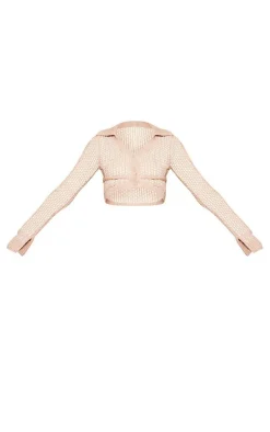 Clearance PrettyLittleThing Contrast Crochet Cropped Button Up Top Beige