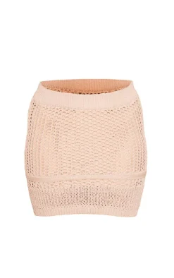 Hot PrettyLittleThing Contrast Crochet Knit Mini Skirt Beige