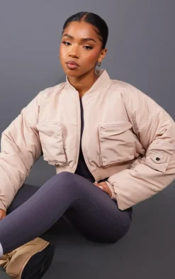 PrettyLittleThing Bomber Jackets*Cropped Ruched Sleeve Utility Pocket Bomber Jacket