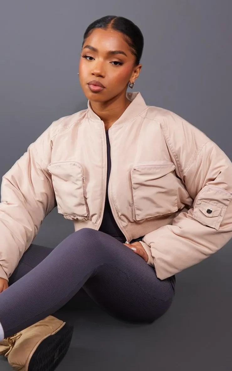 PrettyLittleThing Bomber Jackets*Cropped Ruched Sleeve Utility Pocket Bomber Jacket