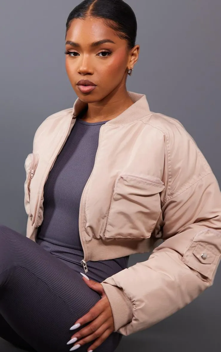 PrettyLittleThing Bomber Jackets*Cropped Ruched Sleeve Utility Pocket Bomber Jacket