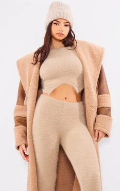 Online PrettyLittleThing Beige Eyelash Knit Dipped Hem Top Beige.
