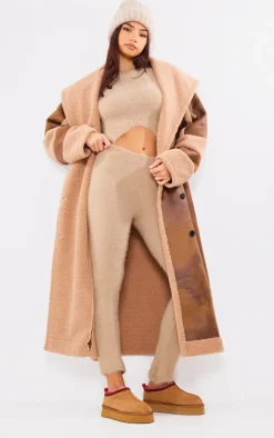 Online PrettyLittleThing Beige Eyelash Knit Dipped Hem Top Beige.