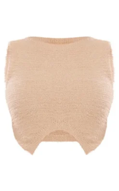 Online PrettyLittleThing Beige Eyelash Knit Dipped Hem Top Beige.