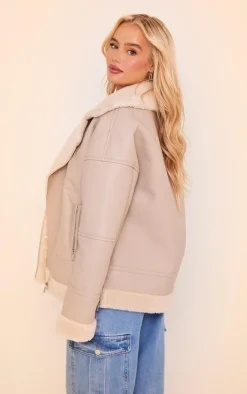 PrettyLittleThing Aviator Jackets*Faux Leather Borg Lined Biker Detail Aviator Jacket