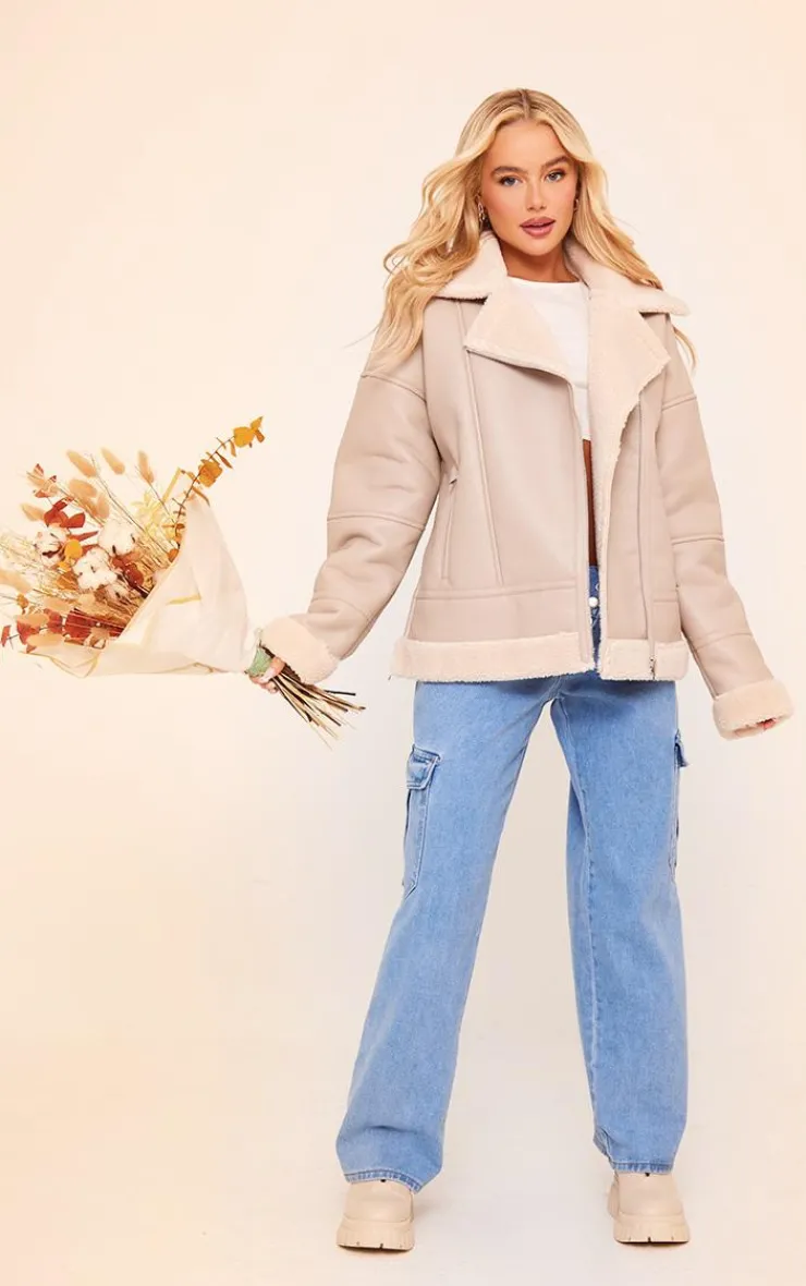 PrettyLittleThing Aviator Jackets*Faux Leather Borg Lined Biker Detail Aviator Jacket