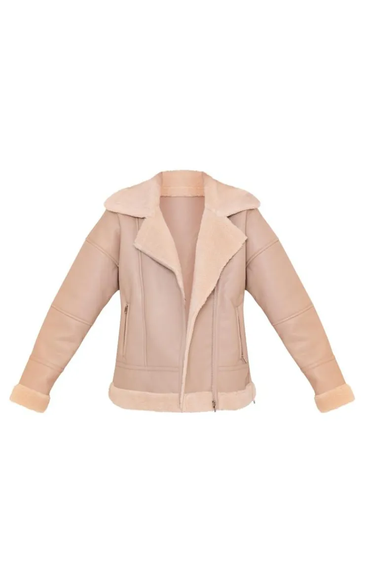 PrettyLittleThing Aviator Jackets*Faux Leather Borg Lined Biker Detail Aviator Jacket